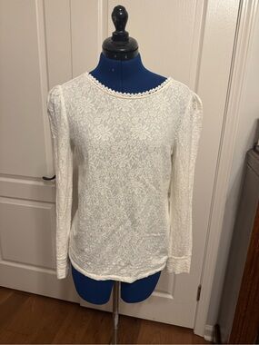 LOFT White Lace-Texture Long Sleeve Top